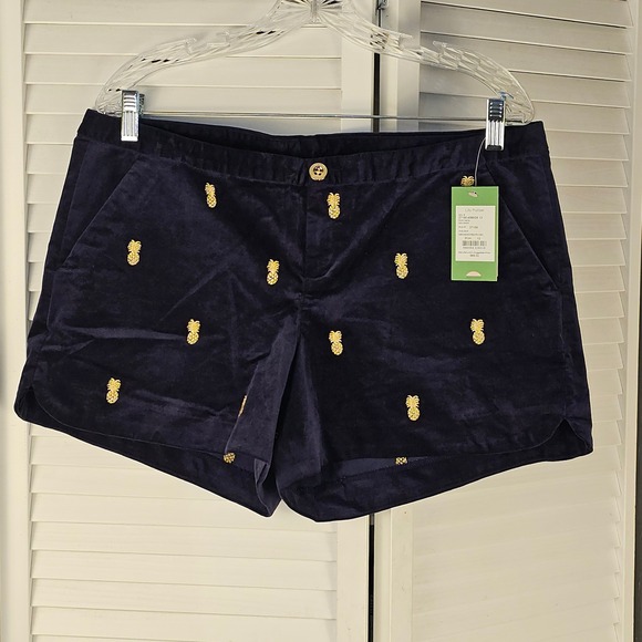 NWT Lilly Pulitzer Womens True‎ Navy Embroidered Pineapple Adie Shorts Velvet 12 - Picture 1 of 3
